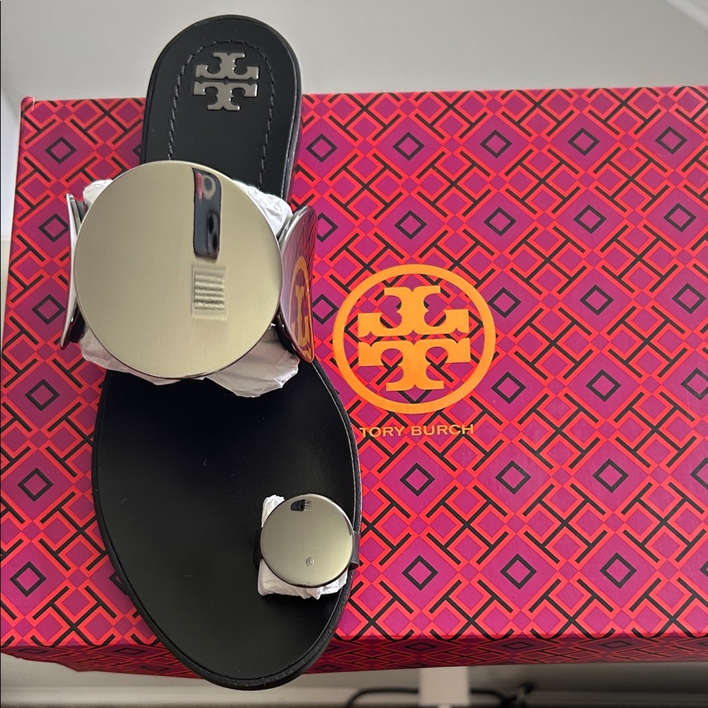 Tory Burch Black Sandals with Metallic Accents